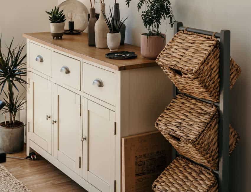 hutch cabinet with rattan baskets
