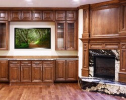 Chocolate Maple Glazed kitchen Countertop with fireplace